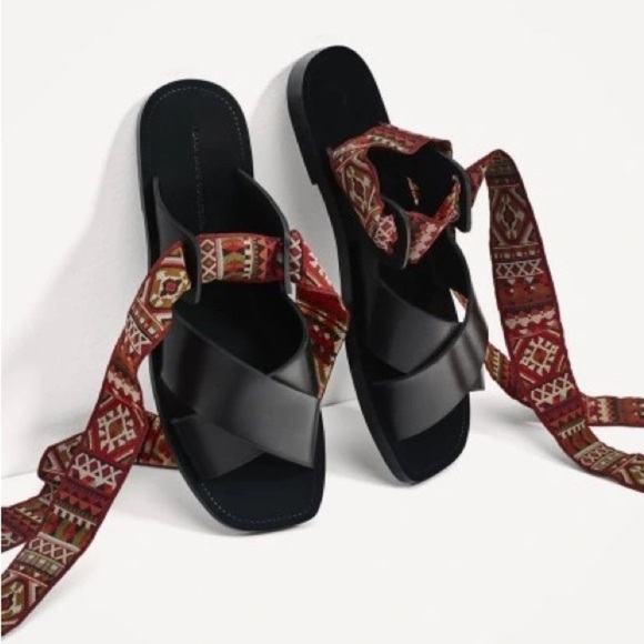 Zara BOHO Aztec ribbon wrap leather sandals - Picture 2 of 9
